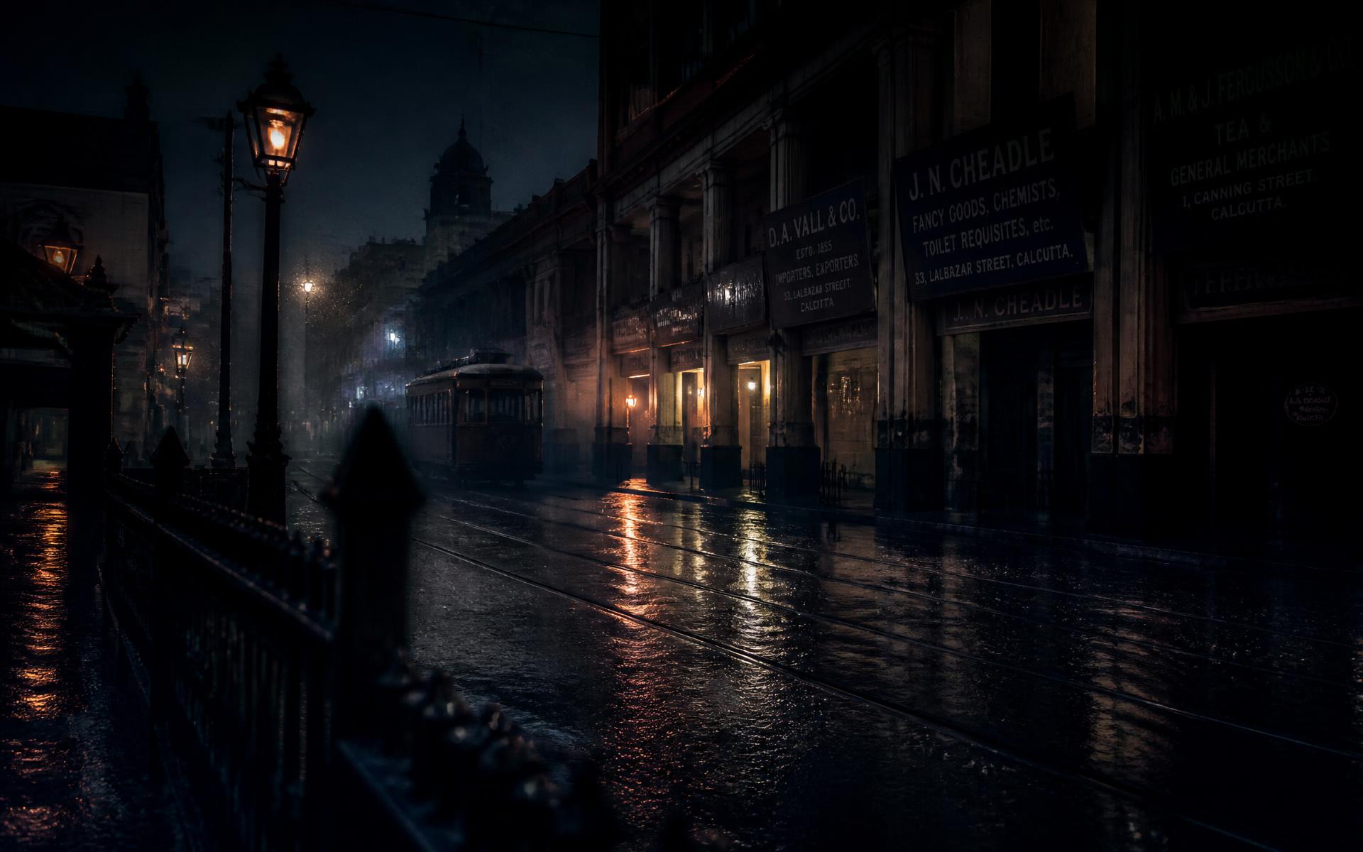 Rain-soaked colonial Kolkata street at night